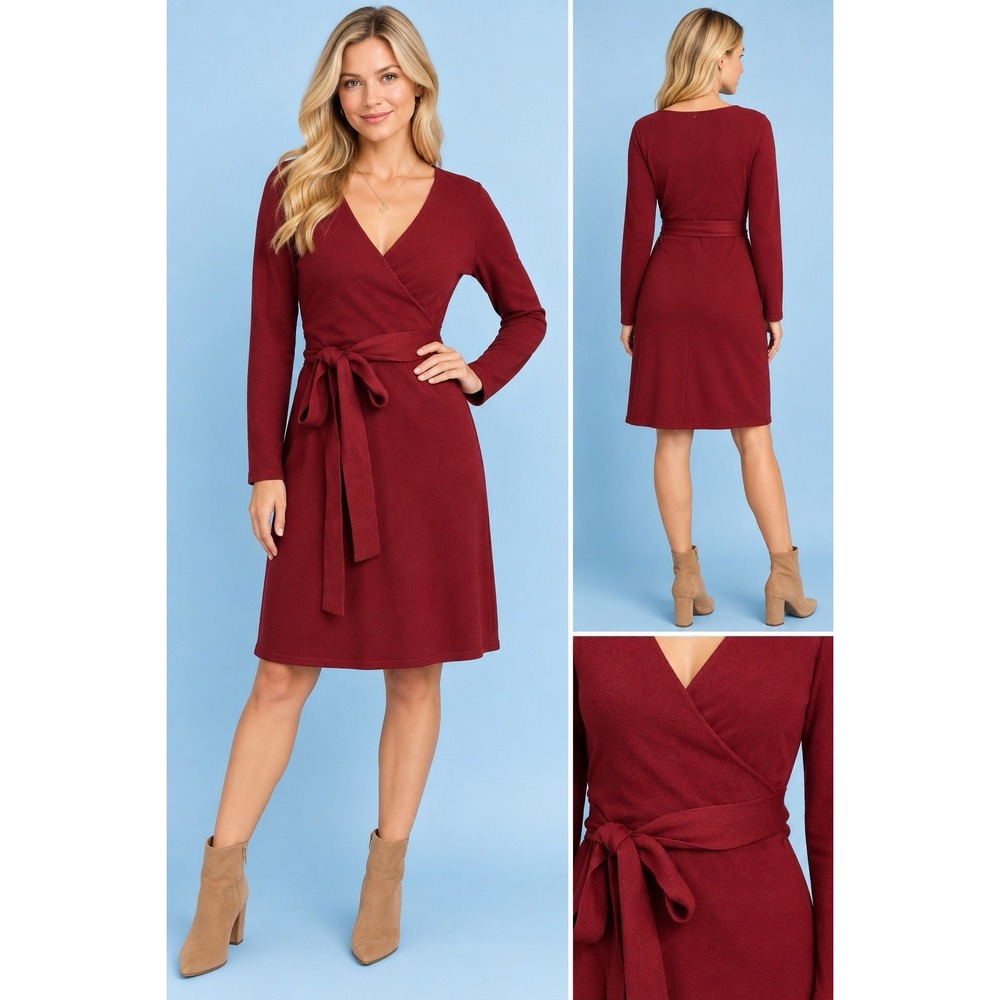 Patty Boutik Woman's Small Burgandy Red Wrap Dress long Sleeve Tie Waist Knit